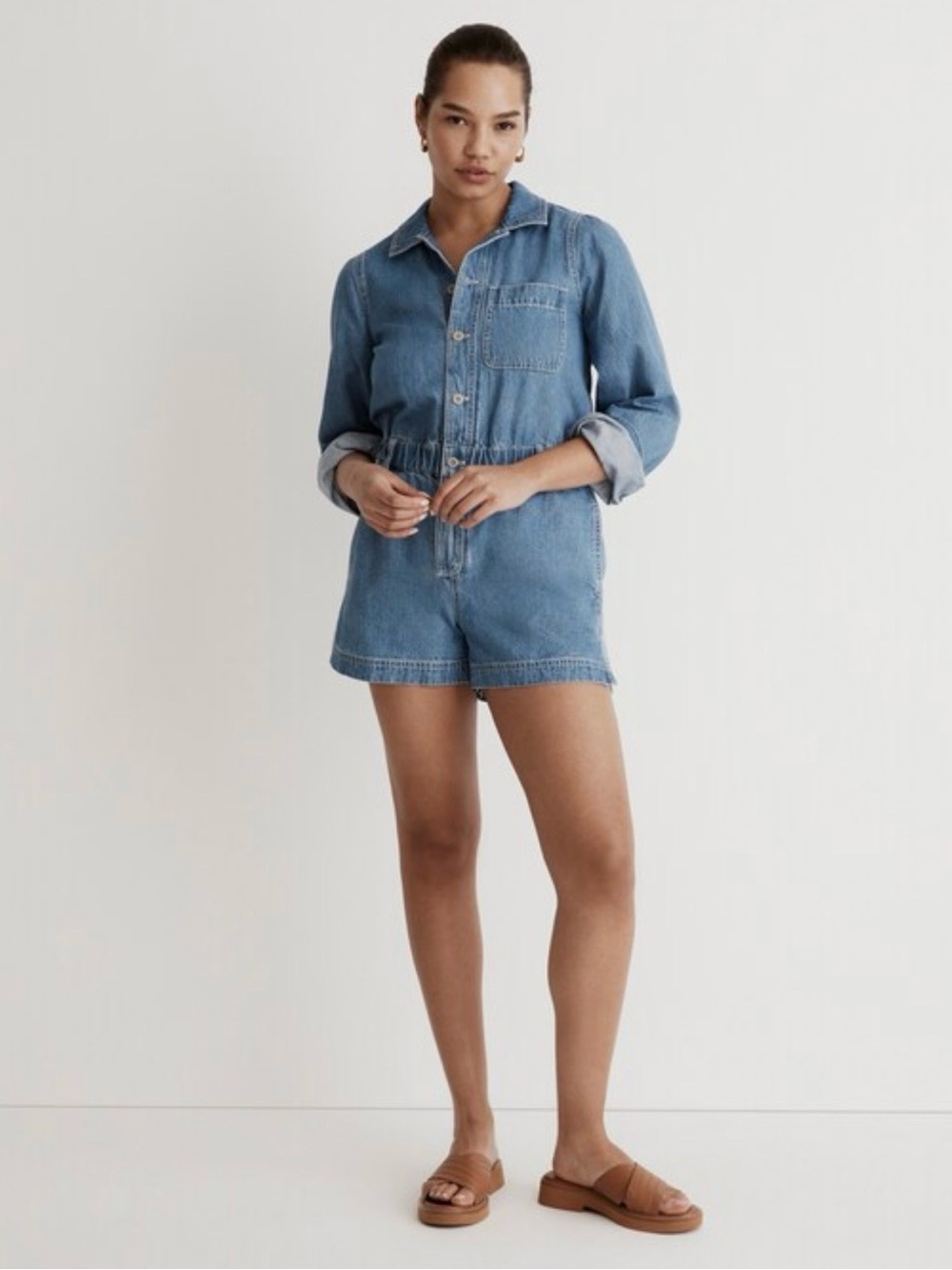 Madewell Denim Long-Sleeve Button-Front Cotton Romper in Rushland Wash Size XXL